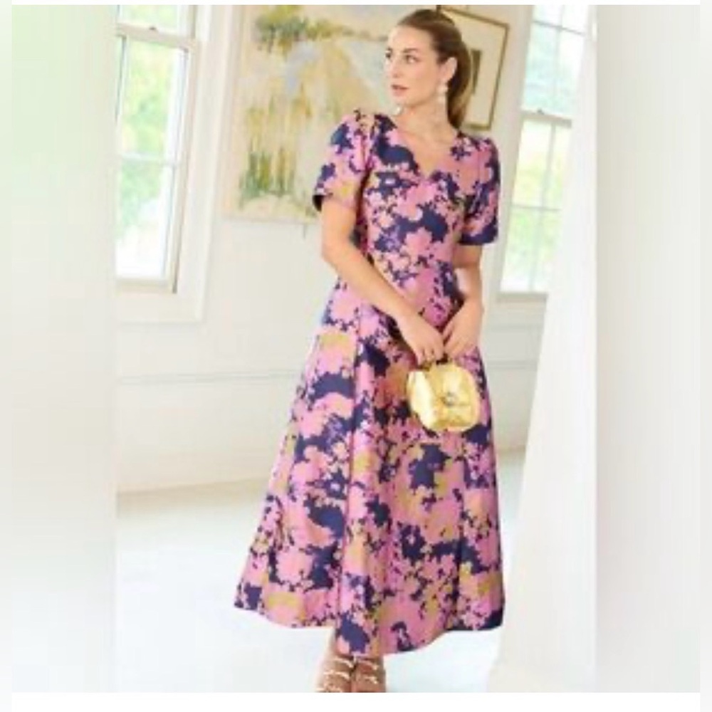 Abbey Glass brocade pink navy Mother of Bride Elegant Floral Women's Dress Large - Picture 5 of 6